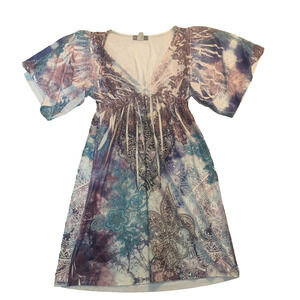 VOLUME ONE WOMEN'S V-NECK KIMONO SLEEVE SUBLIMINATION DRESS SIZE MEDIUM-EUC